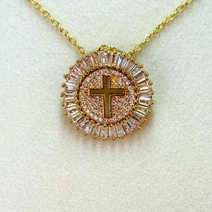18k Yellow Gold Plated Cubic Zirconia Cross Pendant Necklace.